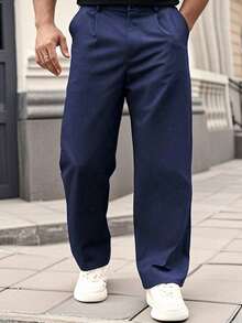 Men's Casual Pockets Wide Leg Loose Fit Pants - 藏蓝色 - 查看 3