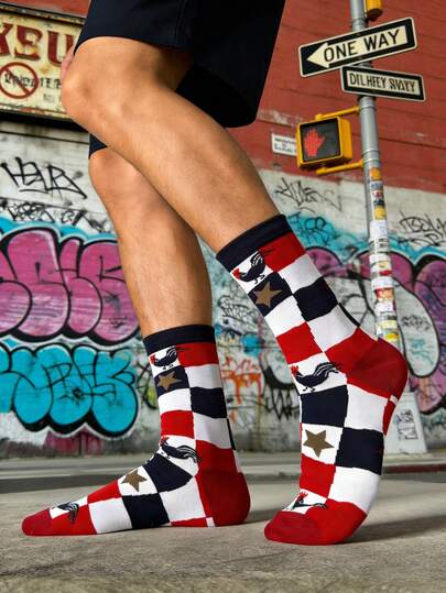 1 par de calcetines medianos para hombres, diseño de patrón geométrico a cuadros de colores, calcetines de hombre de moda creativa de alta calidad, transpirables y que absorben la humedad, adecuados para primavera, verano, otoño, ocasiones casuales/deportivas, regalo ideal para todas las estaciones