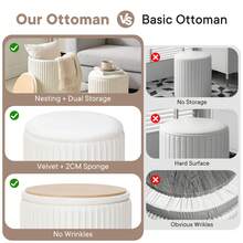 Round Ottoman With Storage Set Of 2, Upholstered Velvet Storage Ottoman, Vanity Stool For Makeup, Modern Style Coffee Table,Small Foot Stool For Living Room Bedroom Dorm - White - View 4