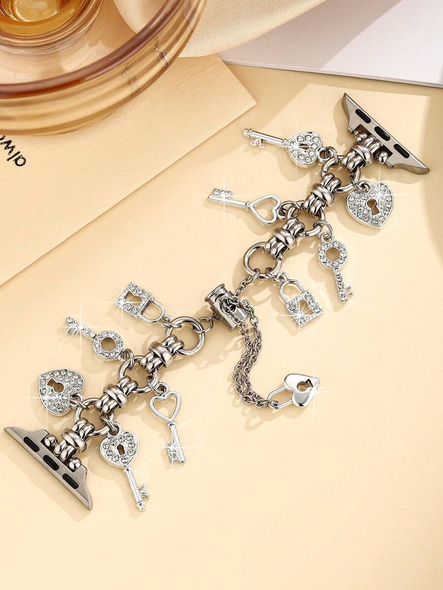 Cute Y2K Style Chain Pendant Strap, Rhinestone Heart Lock Chain Strap, Fit For Apple Watch 38/40/41/42/44/45/46/49mm, Fit For Ultra/SE/Series 1-11, Bohemian Jewelry, Summer Bracelet Pendant, Women Accessories, Mother's Day Gift, Silver - Silver - View 1