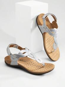 Athlefit Women's Orthopedic Arch Support Sandals Comfortable Thong T-Strap Orthotic Casual Flat Sandals - 銀色 - 查看 2