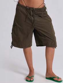 Women Y2K Baggy Bermuda Shorts Low Waisted Wide Leg Cargo Shorts Athletic Knee Length Shorts With Pockets Summer Casual Going Out Outfits - 軍綠色 - 查看 5