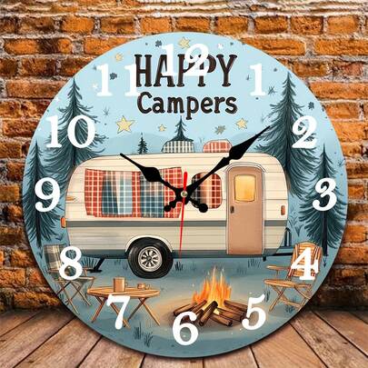 2D Design, 1-Piece Vintage Camper Van Forest Wall Clock - 10inch Rustic Cottage Decor, With The Words "Happy Camper," Silent And Non-Ticking Modern Farmhouse Clock, Suitable For Living Room, Kitchen, RV, Luxury Camping - Easy-To-Read Large Numbers, Does Not Include AA Batteries - Perfect Holiday Gift For Camping Enthusiasts, Wooden Round Decorative Clock With Number Display, Camper Van And Campfire Design,Home,Decor,Muebles,Gift,Birthday Gifts,Wedding,Room Deocr,House Deocr,Wall Deocr