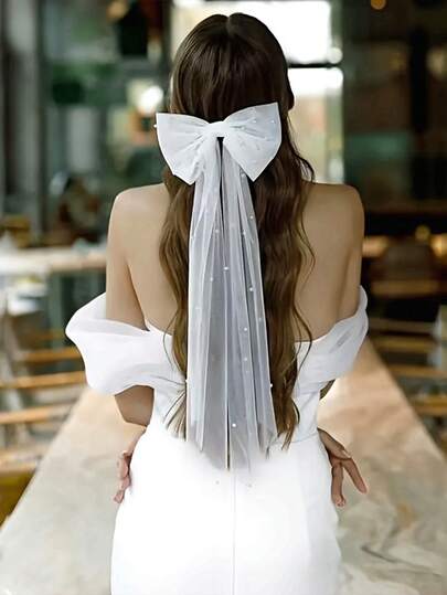 Elegante clip para el cabello de novia con moño y perla artificial, estilo dulce de cinta de satén y tul, accesorio de vestido de novia de una sola capa, clip para el cabello de cuento de hadas a la moda