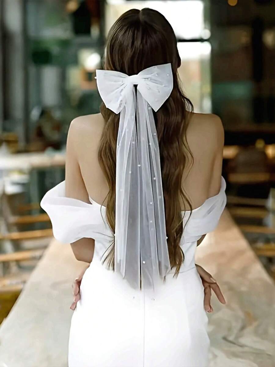 Kẹp tóc nơ cô dâu thanh lịch đính ngọc trai giả, ruy băng satin voan kiểu dáng ngọt ngào, phụ kiện váy cưới một lớp, kẹp tóc thời trang mang phong cách cổ tích. - màu đặc - Xem 1