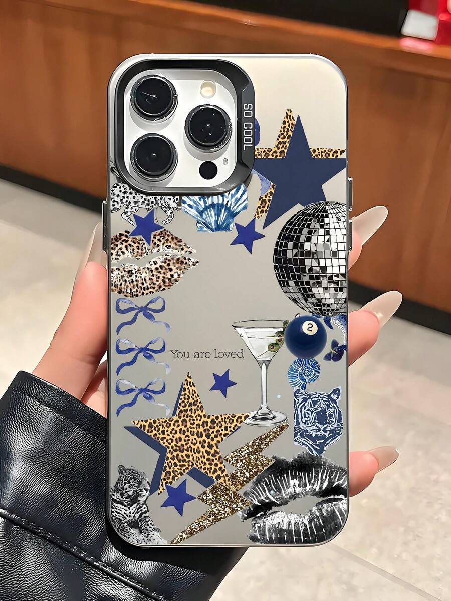 Blue & Gold Leopard Print Disco Retro Collage TPU Phone Case For IPhone 17 Pro Max/17 Pro/16 Pro Max/16 Pro/16/15 Pro Max/15 Pro/15/14 Pro Max/14/13 Pro Max/13 Pro/13/12 Pro Max/12 Pro/12/11 Multi-Camera Version, Leopard Disco Ball Billiard Red Lips, Dust-Proof, Waterproof, Shock-Proof, Anti-Fall Soft Shell - Multicolor - View 1