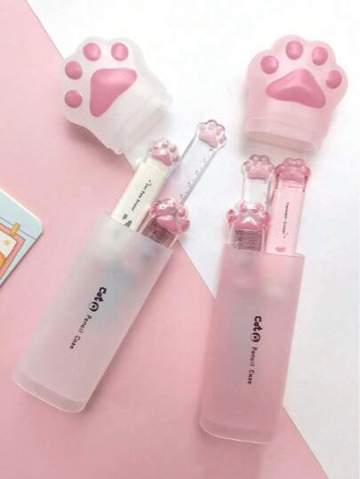 Bộ văn phòng phẩm hình móng vuốt mèo dễ thương 4 món - Hộp đựng bút bằng nhựa PVC trong suốt, tẩy hình trái tim, gọt bút chì cầm tay và thước kẻ, phối màu hồng trắng - Món quà hoàn hảo cho học sinh, phụ kiện chủ đề mèo, hộp đựng bút, túi đựng bút, cặp sách.
