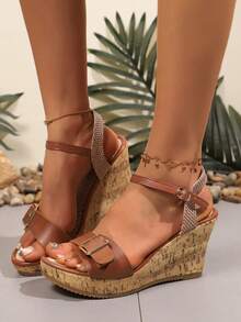 Women's Blue Summer Vacation Style Straw Woven Platform Wedge Sandals, Ladies' Fashion New Vintage Buckle Design High Heel Shoes, Thick Bottom Espadrille Platforms, Bohemian Beach Shoes For Summer - màu nâu - Xem 3