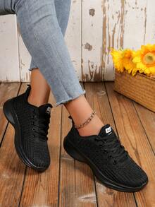 Women's Breathable Mesh Lace-Up Sports Shoes With Fishscale Pattern, Minimalist Design Suitable For Outdoor Activities - Black - View 2