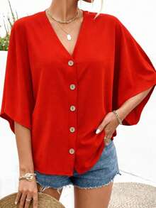 Woman Button Front Blouse – V Neck Batwing Sleeve Casual Chic Top - Orange - View 3