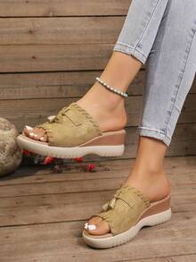 2026 New Fashion Tassel Thick Sole Slip-On Slippers, Comfortable Home Wear Sandals For Summer - Beige - View 2