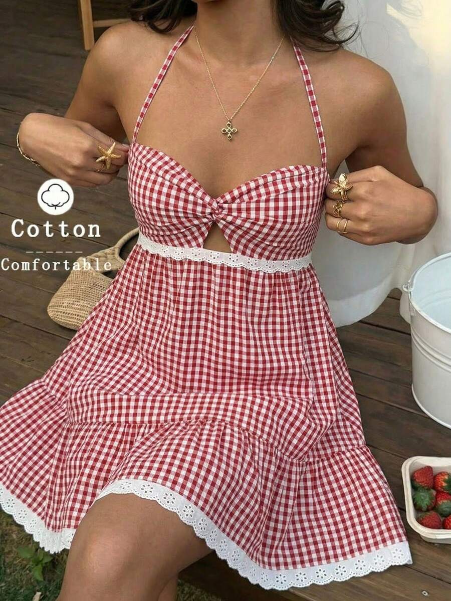 女士夏季迷你连衣裙，波西米亚风棉质格纹吊带连衣裙，甜心领口镂空蕾丝边荷叶边下摆，夏季休闲连衣裙 - 紅白色 - 查看 1