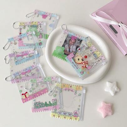 Túi đựng thẻ kiểu INS trong suốt hình hoạt hình, ví đựng thẻ sinh viên, túi có khóa kéo 70mm.