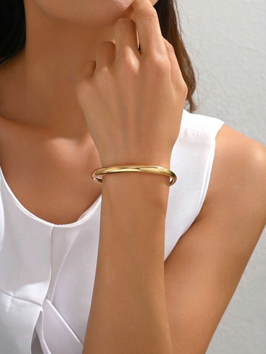 1pc Minimalist Smooth Copper Bangle Bracelet, Suitable For Vacation And Daily Wear - Gold - View 1