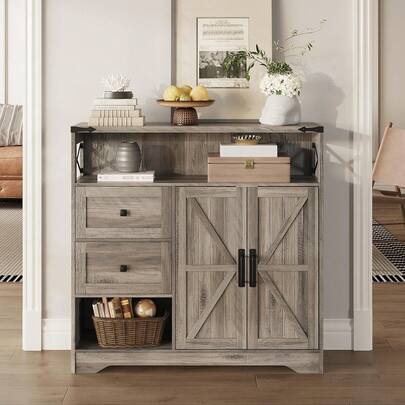 Farmhouse Storage Cabinet With Drawers And Open Storage, Freestanding Kitchen Pantry With 2 Barn Doors, Floor Cabinet With Adjustable Shelf For Living Room