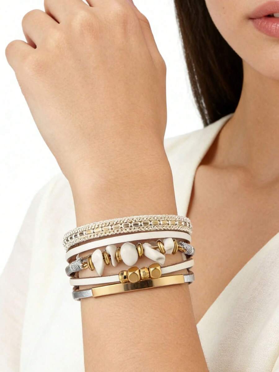 Pulsera de cuero, piedra natural y tubo de cobre con diseño estilo europeo y americano, adecuada para el verano y la playa - Blanco - Ver 1