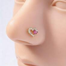 1个L型鼻钉，粉色心形鼻环，可爱闪亮14K镀金银鼻钉，女士/女孩鼻饰，20G L型弯鼻钉 - L069 - 查看 1