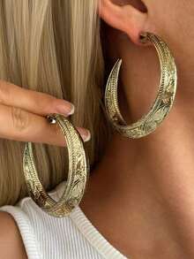 1 Pair Vintage Bohemian Style Distressed Textured Carved Geometric Hoop Earrings, Multi-Layer Charm Design, Suitable For Daily Wear - Bronze - View 8