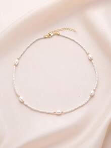 1pc Women's Minimalist Pearl Decor Necklace, Bohemian Baroque Style Pearl Choker Necklace, Aesthetic Summer Vacation Jewelry Gift - White - View 3