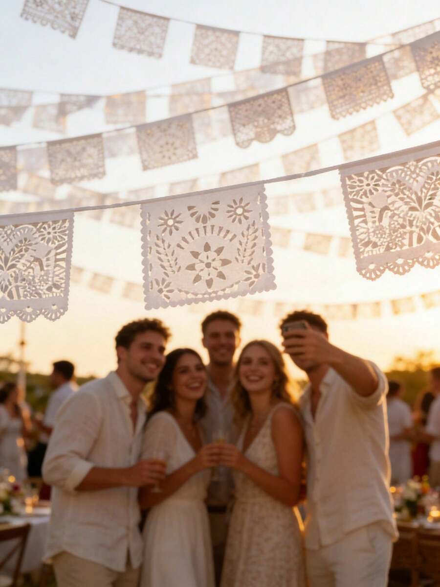 1 pieza Elegante bandera blanca mexicana para boda, decoración de boda con tema mexicano bohemio, bandera de recorte de papel de encaje con formas de corazón floral, adecuada para colgar en interiores y exteriores como fondo de fotografía, suministros para fiestas, decoraciones para fiestas de bodas y baby shower - Multicolor - Ver 1