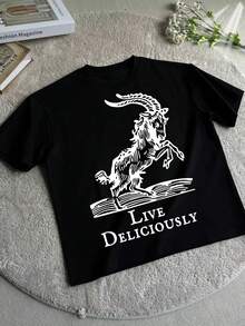 Live Deliciously Black Phillip T-Shirt, Witchy Vibes, Goth Aesthetic, Satanic, Esoteric, Occult Illustration, Gothic Clothing, Black Goat - 黑色 - 查看 1