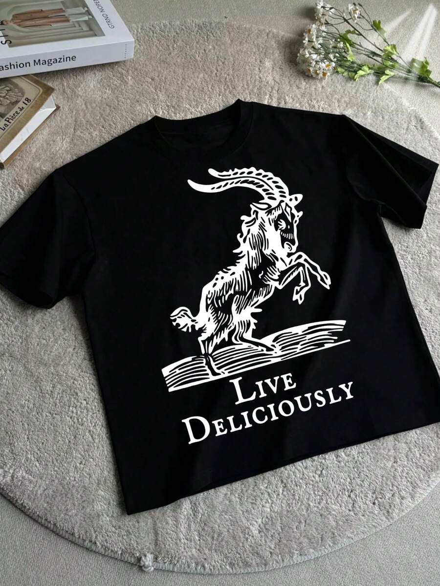 Live Deliciously Black Phillip T-Shirt, Witchy Vibes, Goth Aesthetic, Satanic, Esoteric, Occult Illustration, Gothic Clothing, Black Goat - 黑色 - 查看 1