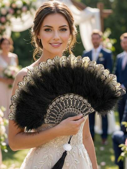 Elegant Printed Fan With Black Feathers And Gold Lace Embroidery, Luxury Ladies Hand Fan, Suitable For Makeup Balls, Weddings, Dance Performances, Vintage Foldable Tassel Fan, Essential Accessory To Keep Cool On Cruises, Vacations, Beaches, Camping