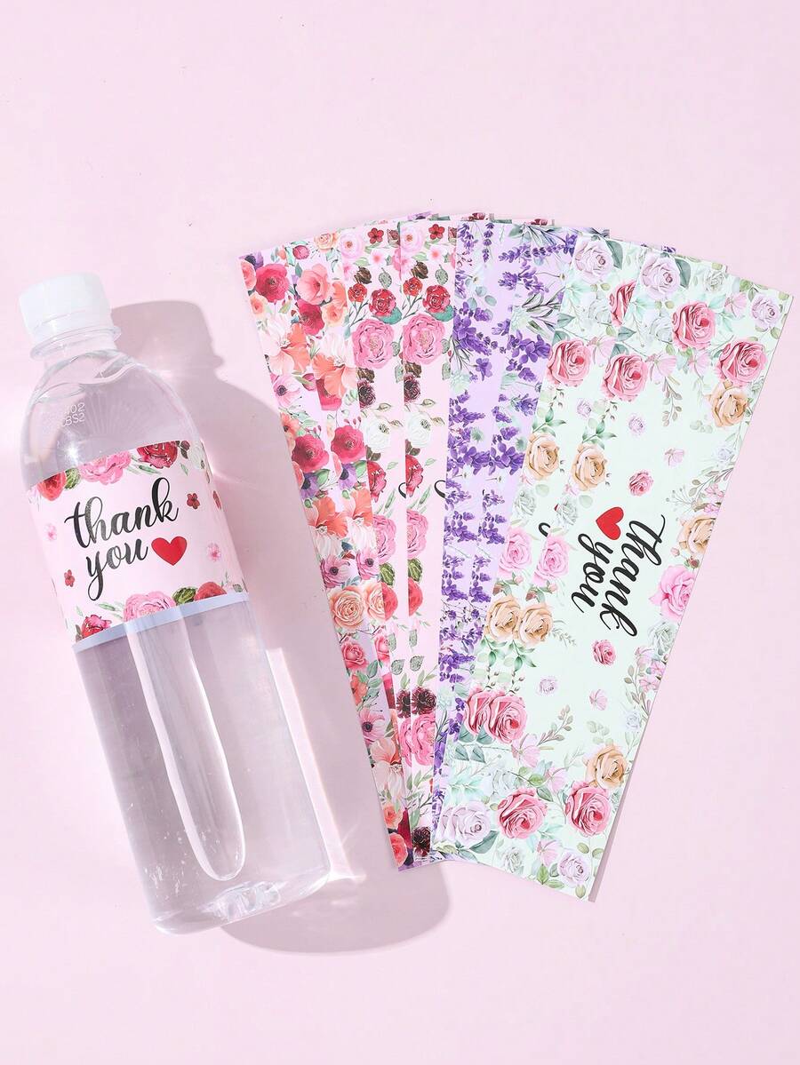 10/24pcs Spring Floral Thank You Stickers, Paper Drink/Water Bottle Decorative Stickers, Suitable For Baby Shower, Holiday Decor, Wedding Bridal Shower, Birthday Party, Picnic, Gender Reveal, Baby Shower Favors