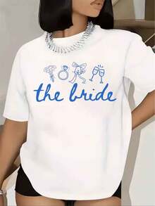 Women T Shirt The Bride With Bouquet Ring Bow And Glasses Print Short Sleeve Round Neck For Wedding Bridal Party 220g - 白色 - 查看 1