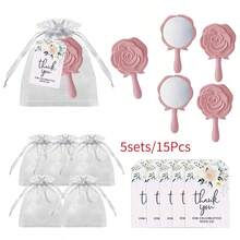Miroir à motif rose, miroir de maquillage en plastique, carte de remerciement de mariée (avec sac en organza), faveur de fête de mariage, cadeau de demoiselle d'honneur (pour les invités), fournitures pour baby shower/fête, décoration de baby shower - Ensemble de fête miroir multicolore à fleurs roses - Voir 6