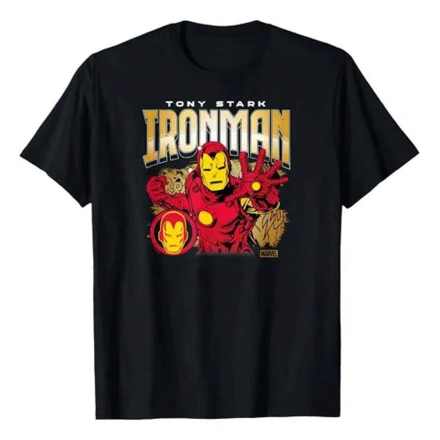 Printed Round Neck T-Shirt Camiseta Iron Man Marvel Con Estampado De Tony Stark, Diseño,Summer New Style American Retro Letter Printed Short Sleeved T-Shirt For Men Loose Street Top,1 Piece,Family Matching Outfits, Heart & Slogan Bodybuilding Top Boyfriend Style Casual Wear - Black - View 1