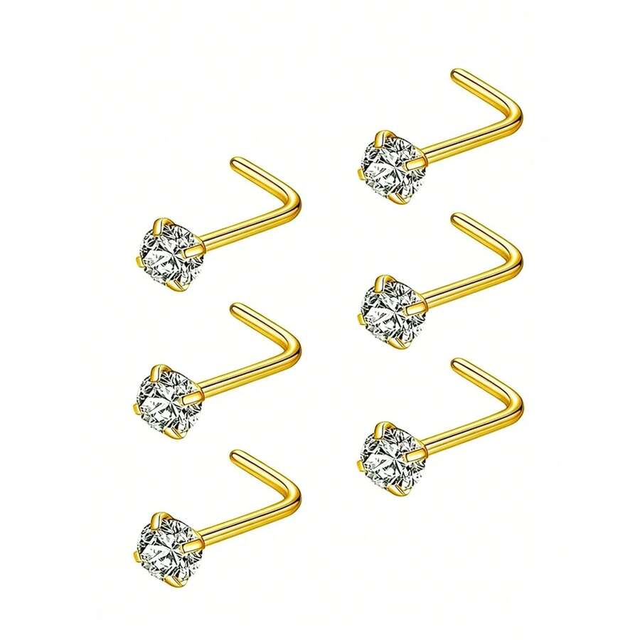 6件/套 3毫米闪亮立方氧化锆鼻环，适合夏季海滩，奢华时尚鼻钉，鼻中隔环，复活节假期夏季L型骨形鼻钉耳环套装 - 金黃色 - 查看 1