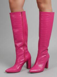 Women's Knee-High Boot With Chunky Block Heel And Croco Print - 粉紅色 8厘米 - 查看 1