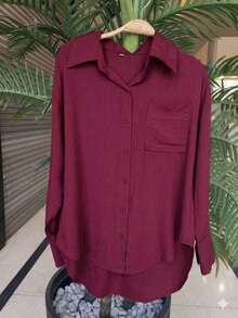 Women's Dress Shirt With Buttons, Long Sleeves - Burdeos - Ver 1