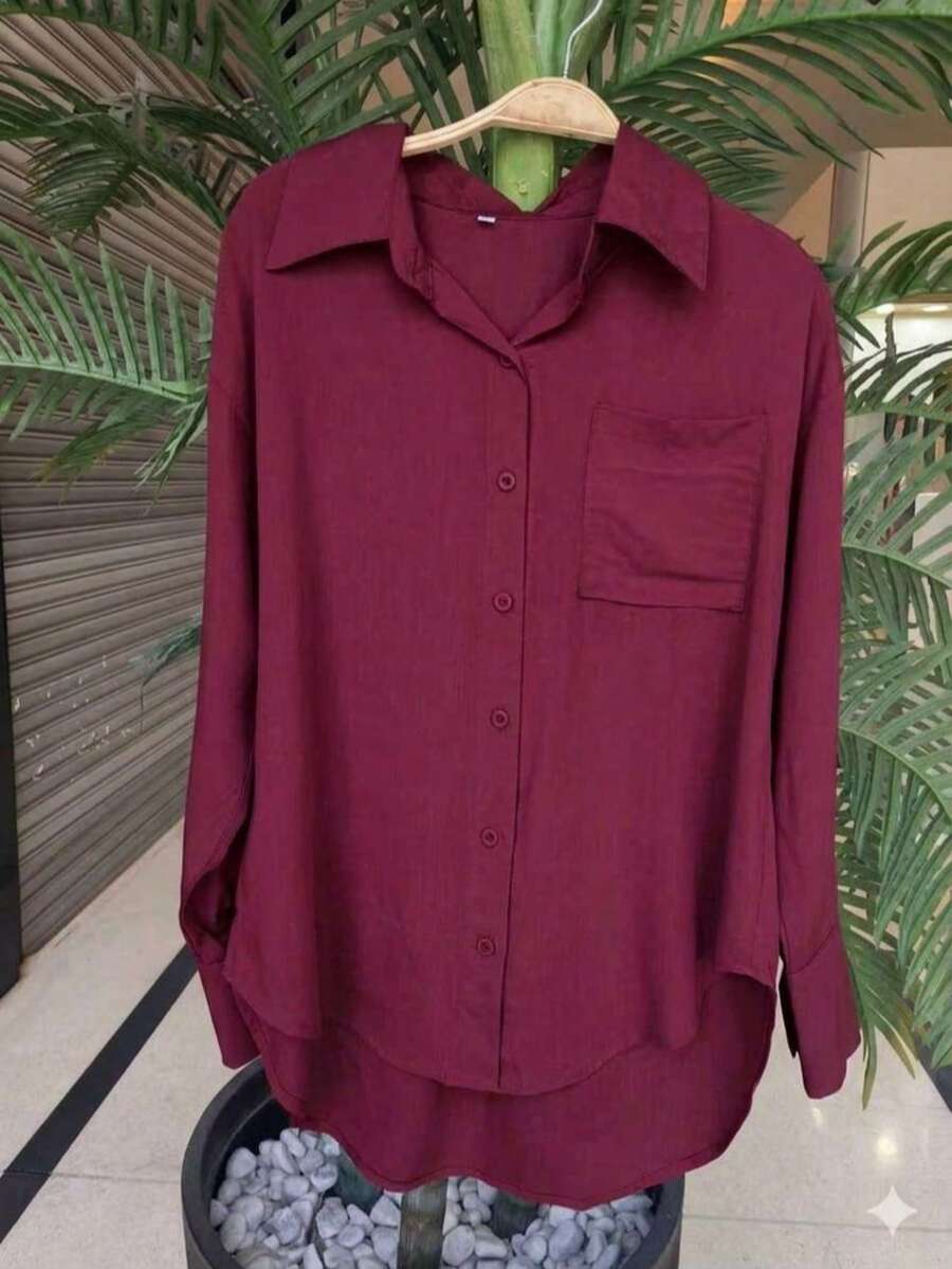 Women's Dress Shirt With Buttons, Long Sleeves - Burdeos - Ver 1