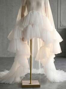 1件装时尚婚礼披肩，宽褶边长拖地礼服配饰，派对晚宴T台披风 - 彩色 - 查看 3