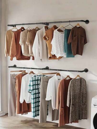 Чорна залізна стійка для одягу, промислова труба для магазину одягу, вітрина для меблів для домашнього декору, сушарка для одягу, вішалка для капелюхів, меблі для вітальні, меблі для спальні, підходить для магазинів одягу в торгових центрах, знімна багатофункціональна міцна металева настінна полиця для вітрин