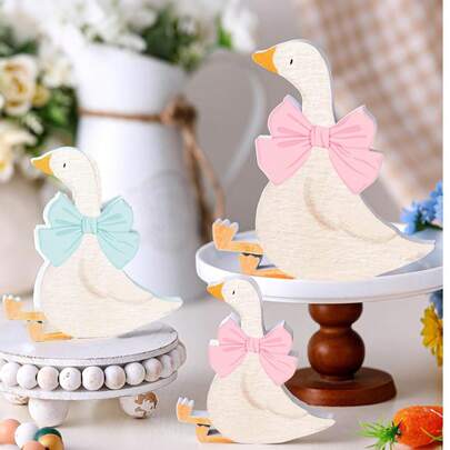 3pcs Blue & Pink Wooden Bowknot Funny Goose Decorations, Interesting Dining Table Centerpiece, Baby Shower Party Favors