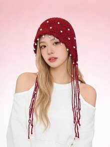 1pc Thick Handmade Crochet Hollow Out Beanie Hat, Warm Knitted Tasseled Cap, Fashion Accessory For Women, Suitable For Winter, Boho, 4th Of July, Mother-Daughter Outfit, Halloween, Vacation - Đỏ - Xem 2