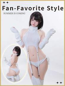 Virgin Killer Sweater, Lolita Knit Top, Dango Girl Cosplay, Sexy Cosplay Outfit, Anime Costume Women, Halloween Party Outfit, Open Back Sweater, Arm Cover Socks Set - 白色 - 查看 9