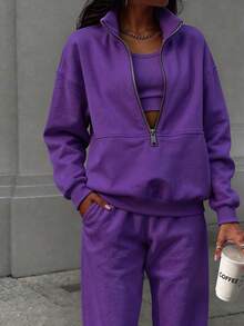 Women's Oversized Half Zip Two-Piece Tracksuit, High Neck Stand Collar Loose Fit Fleece Sweatshirt & Wide Leg Pants Set, Cozy Comfortable Casual Loungewear, Stylish Sports Streetwear Fashion Outfit, Spring Black Essential Versatile Daily Wear, Perfect For Casual Errands, Lounging & Everyday Outdoor Activities      Gym Clothes Women Set - 紫色(升級款) - 查看 1