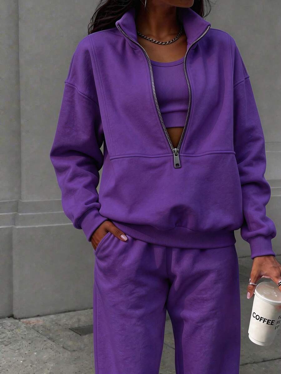 Women's Oversized Half Zip Two-Piece Tracksuit, High Neck Stand Collar Loose Fit Fleece Sweatshirt & Wide Leg Pants Set, Cozy Comfortable Casual Loungewear, Stylish Sports Streetwear Fashion Outfit, Spring Black Essential Versatile Daily Wear, Perfect For Casual Errands, Lounging & Everyday Outdoor Activities      Gym Clothes Women Set - 紫色(升級款) - 查看 1