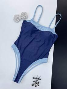 Women's Color Block Square Neck Wide Strap One-Piece Swimsuit, Slim Fit Accentuates Body Curves, Fashionable Beach Style Vacation Summer - Royal Blue - View 2