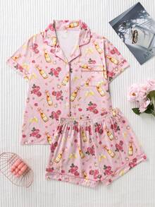 2 pezzi Set pigiama da donna con stampa rosa romantica, in tessuto di seta di qualità, morbido e delicato sulla pelle, camicia con maniche corte e pantaloncini larghi e comodi con bottoni, stile femminile per il pigiama - Rosa - Visualizzare 1