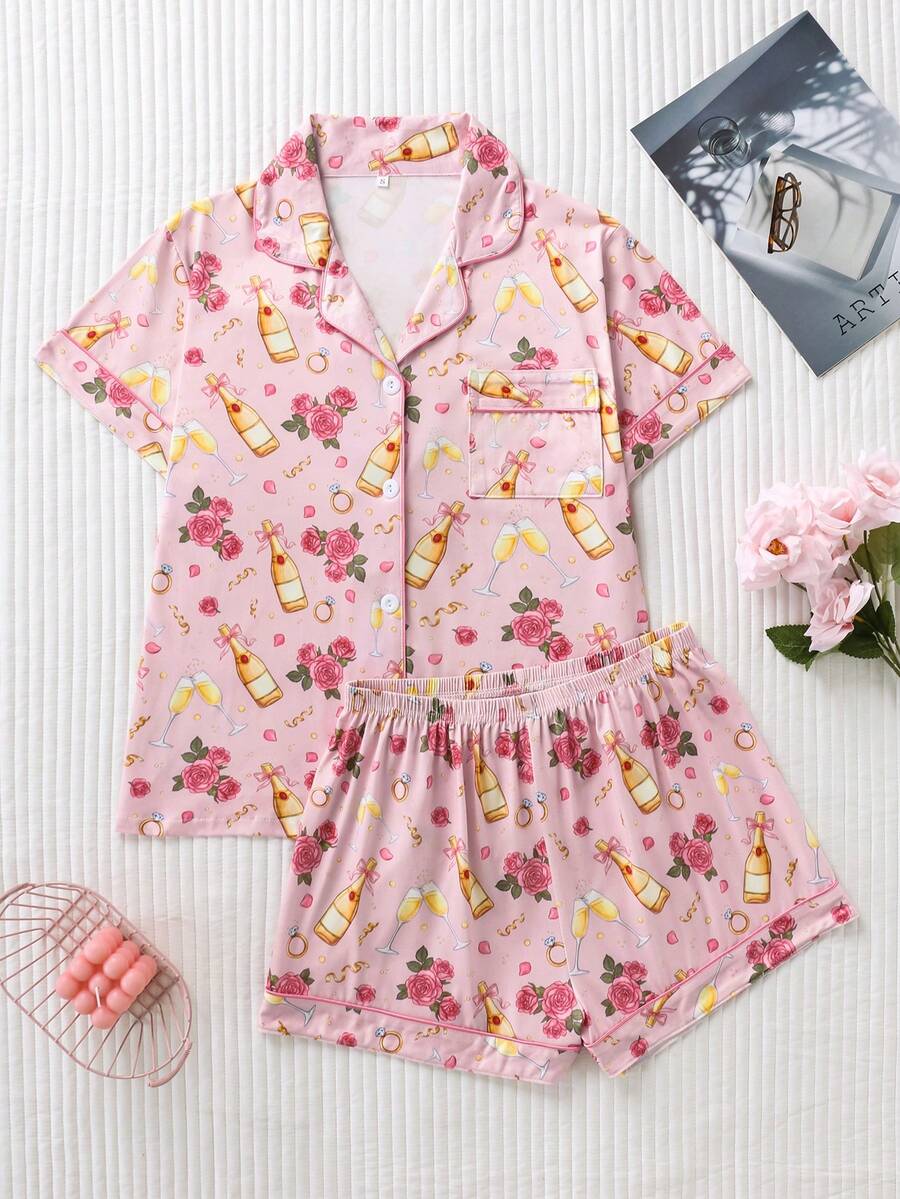 2 pezzi Set pigiama da donna con stampa rosa romantica, in tessuto di seta di qualità, morbido e delicato sulla pelle, camicia con maniche corte e pantaloncini larghi e comodi con bottoni, stile femminile per il pigiama - Rosa - Visualizzare 1
