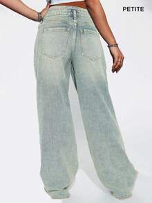 Quần jeans denim xanh bạc màu kiểu retro với thiết kế cúc cài, dáng suông rộng, ống đứng, chất liệu petite, thích hợp cho mùa xuân/hè. - Rửa nhẹ - Xem 2