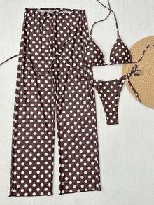2026 Women's 3-Piece Polka Dot Printed Bikini Set, Halter Neck Design, Side Tie, Mesh Cover-Up Pants, Cute Casual Backless Swimsuit For Valentine's Day, Spring/Summer Beach Vacation - 棕色 - 查看 3