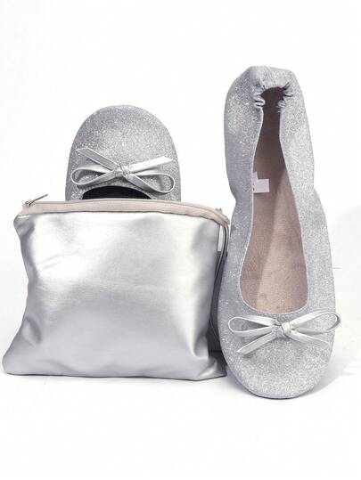 春夏新款银色亮片芭蕾平底鞋，轻便可折叠套脚芭蕾舞鞋，蝴蝶装饰室内舞蹈拖鞋