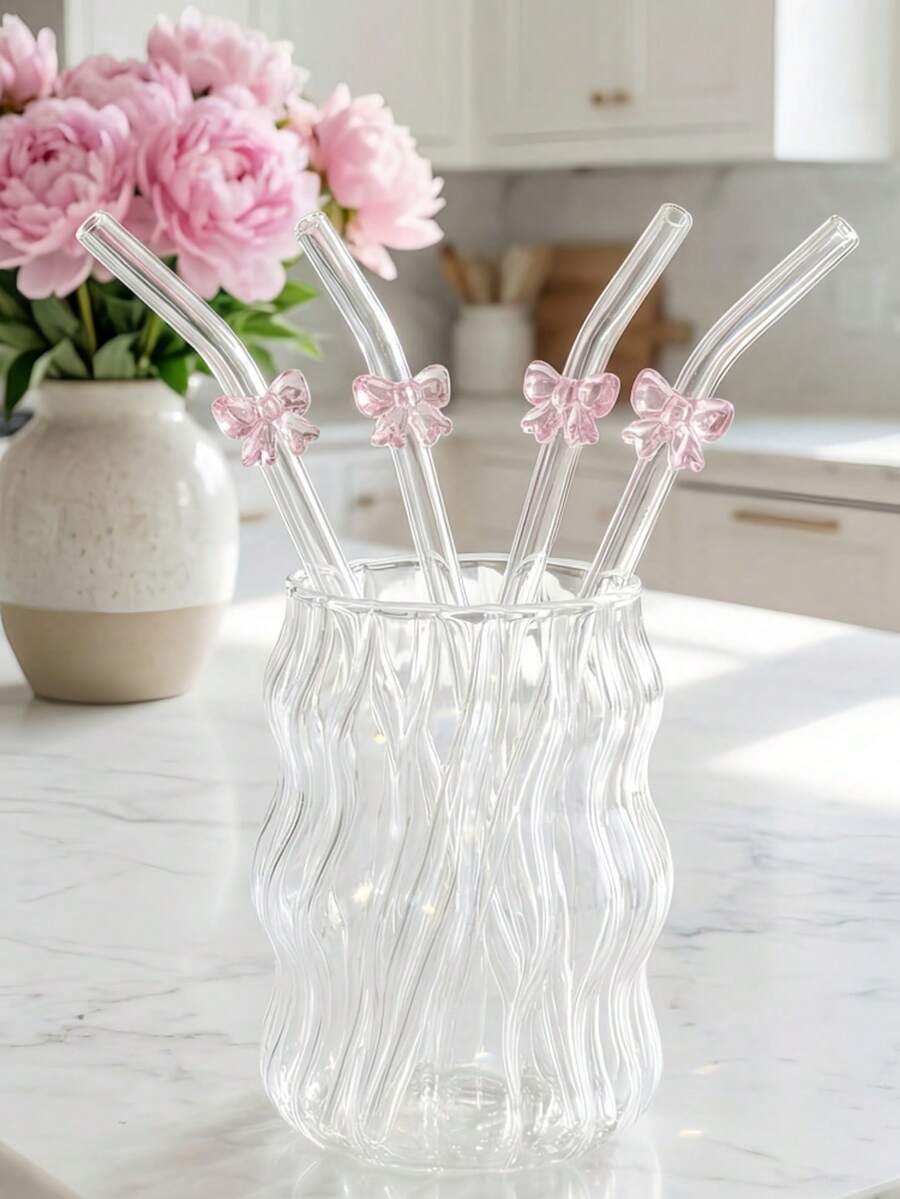Bộ 1 ống hút thủy tinh nơ hồng, ống hút cong tái sử dụng, thích hợp cho sinh tố, cocktail, đồ uống mùa hè, tiệc bể bơi, đám cưới, lễ tốt nghiệp, tiệc độc thân, bãi biển. Món quà đáng yêu cho Ngày Valentine, Ngày của Mẹ, Ngày của Cha, Giáng sinh và các ngày lễ.