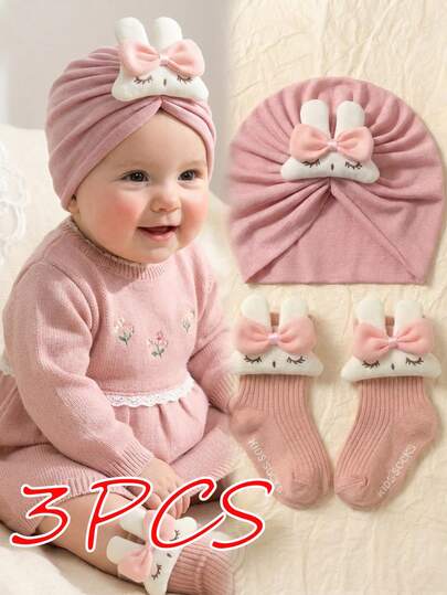 Baby Cartoon Rabbit Hat & Leg Warmers Set, Bow Decor Infant Fontanel Cap, Ribbed Children Leg Warmers, Maternity & Baby Accessories